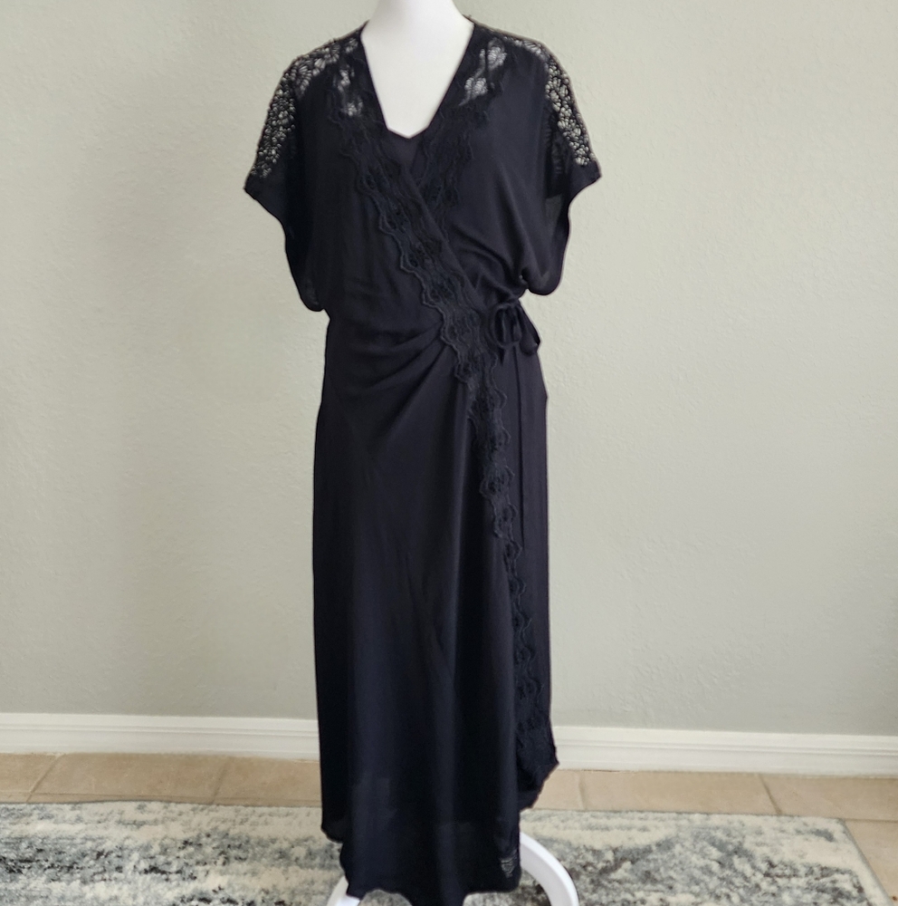 IRO Britta Black Wrap Midi Dress With Lace Details– Size EU 40, Size 8 NWT